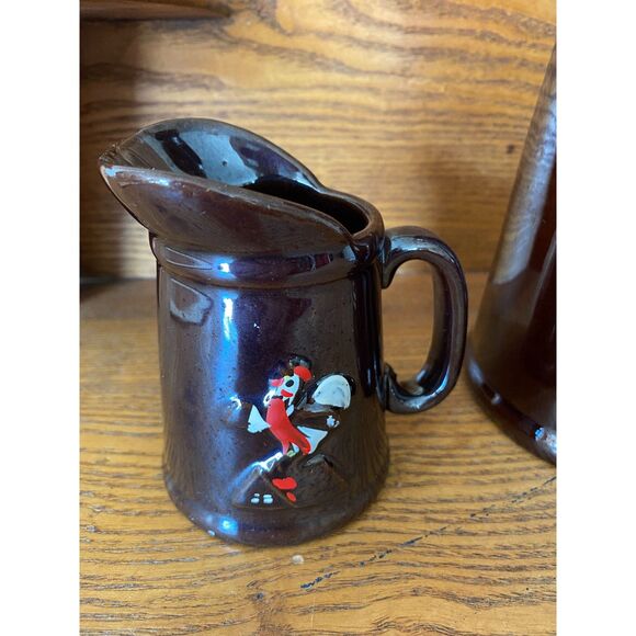 Vintage Redware Red Rooster Pancake Set Batter and Butter Pitchers 1950s - Picture 2 of 10